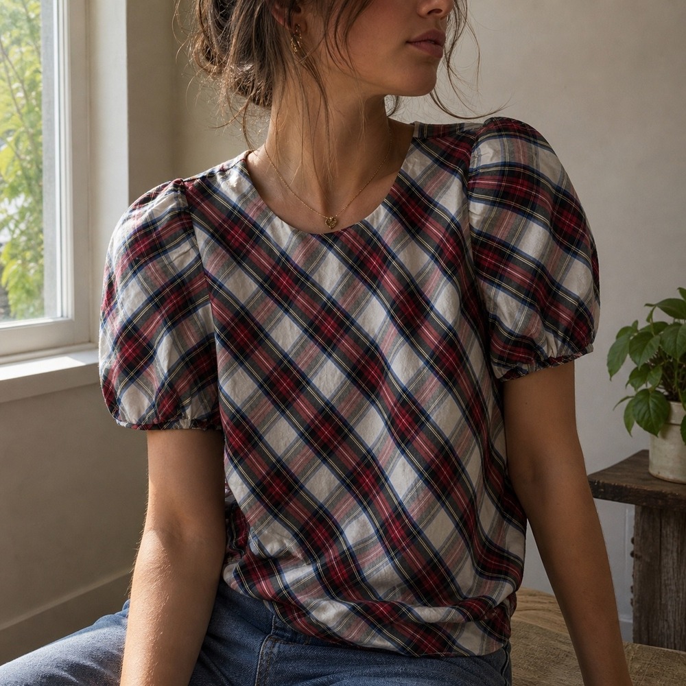 J.‎ Crew Red Plaid Puff Sleeve Top Size XS Preppy Academia BV626